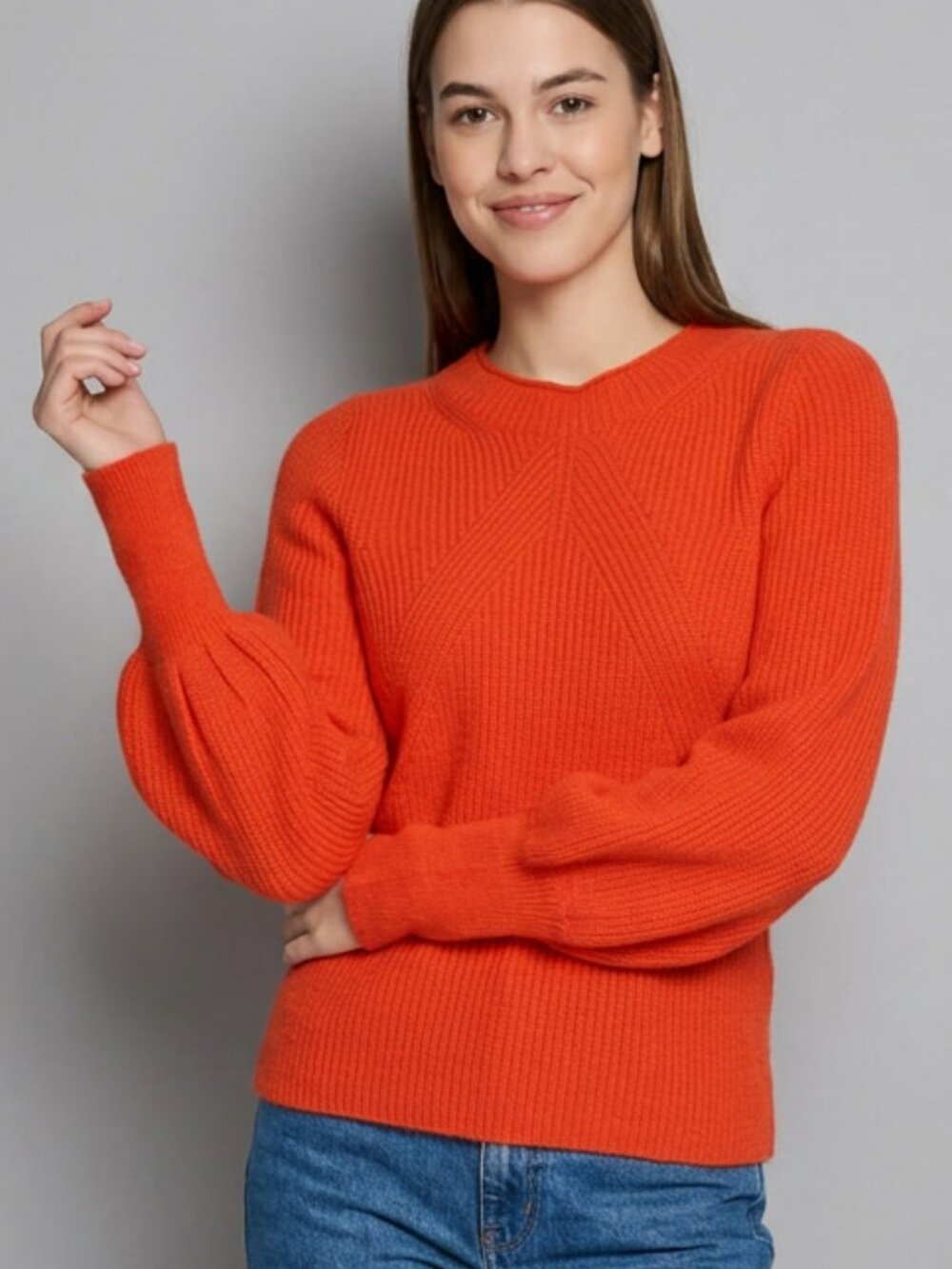 Marc Cain Crew Neck Puff Sleeve Sweater Coral Size S